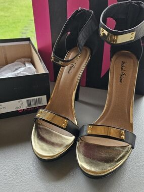Michael Antonio Black and Gold Ankle-Strap Heels